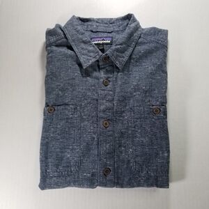 Patagonia Shirt Mens Large Back Step Blue Button Up Hemp Cotton Geometric Short